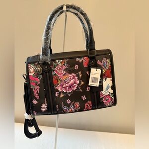 Ed Hardy Black Satchel with Skull and Floral Design